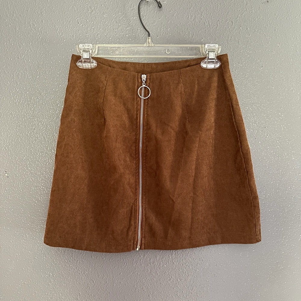 Brown Front-Zip A-Line Skirt